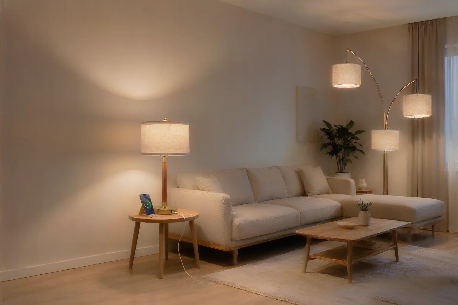 Anrotix arc floor lamp and wood table lamp in a living room